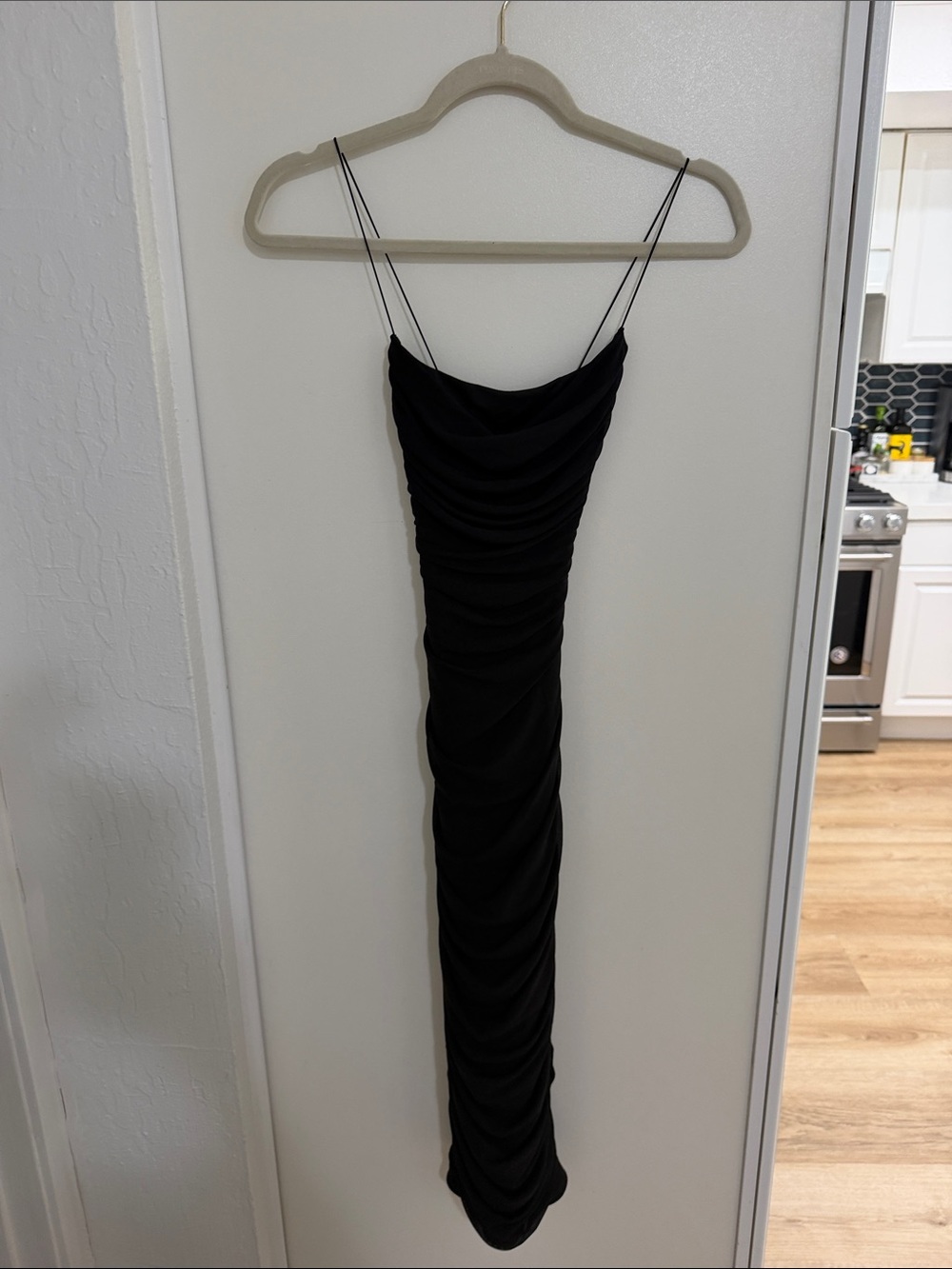 Oh Polly Mesh Women's Black Ruched Slip Dress with crossed back straps | 2
